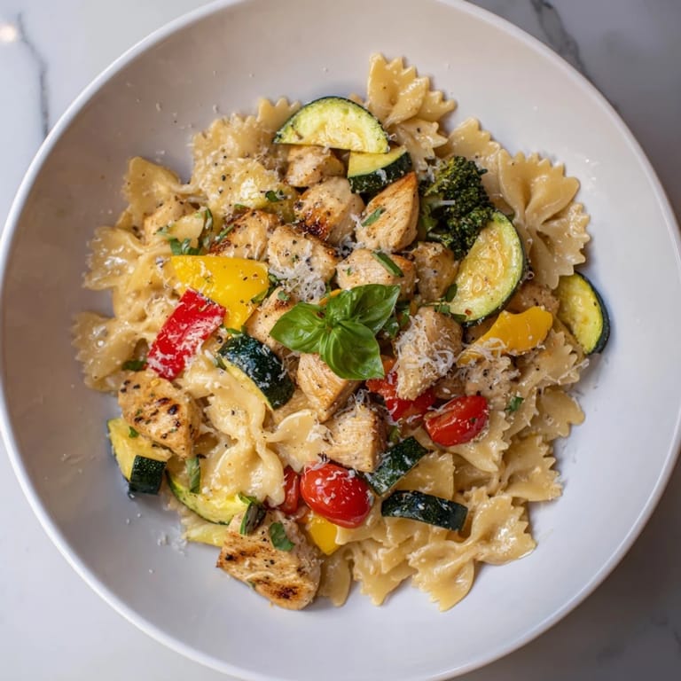 Golden chicken and fresh veggies combine in this gorgeous 5-4-3-2-1 Pasta Primavera serving suggestion.