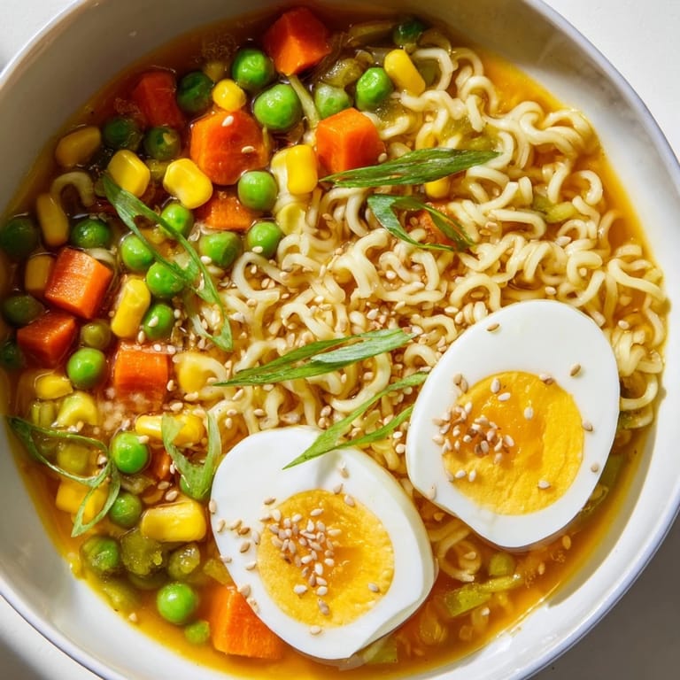 Vibrant Ramen Upgrade with Frozen Peas, featuring an array of colorful vegetables and simmering broth, ready to enjoy.