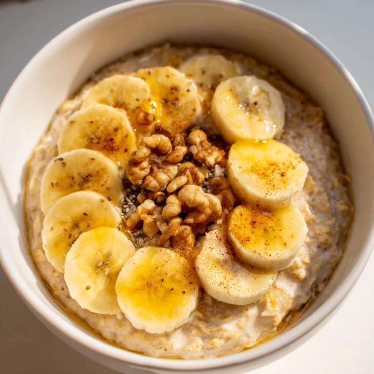 Close-up of a delightful 2-minute Microwave Banana Oats bowl, showing soft oats and sweet banana slices.