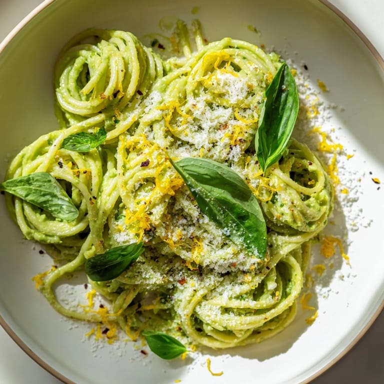 Close-up shot shows the bright green creamy avocado pasta, perfect for a vegetarian meal.