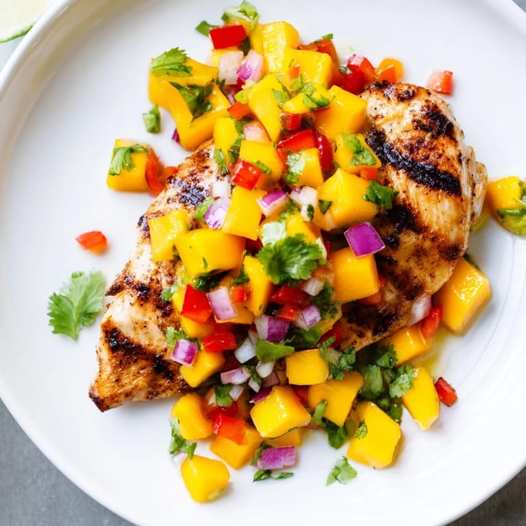 A close-up shot of juicy Grilled Mango Salsa Chicken, garnished and ready to eat with friends.