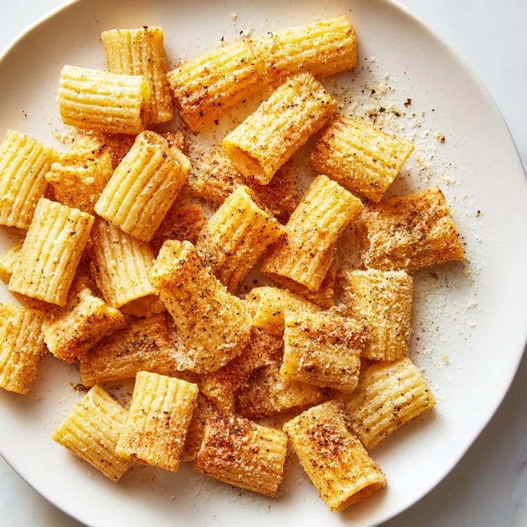 Air-fried pasta chips, a crunchy snack seasoned with Italian herbs and garlic powder, ready to eat.