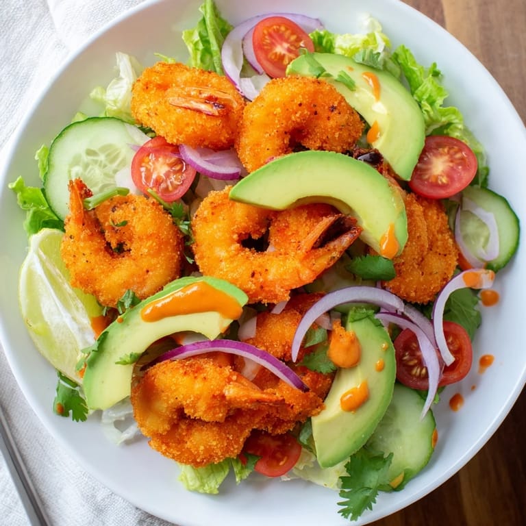 Fresh, crunchy romaine topped with Spicy Crispy Shrimp Salad, finished with cilantro and a spicy dressing.
