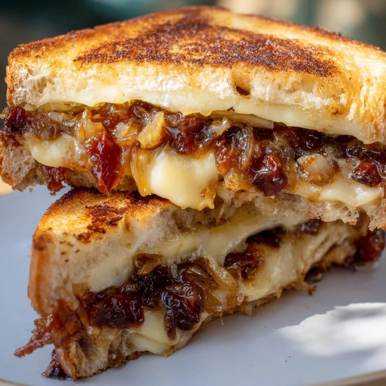Warm, cheesy Bacon Jam Grilled Cheese just sliced, showing layers of bacon jam filling.