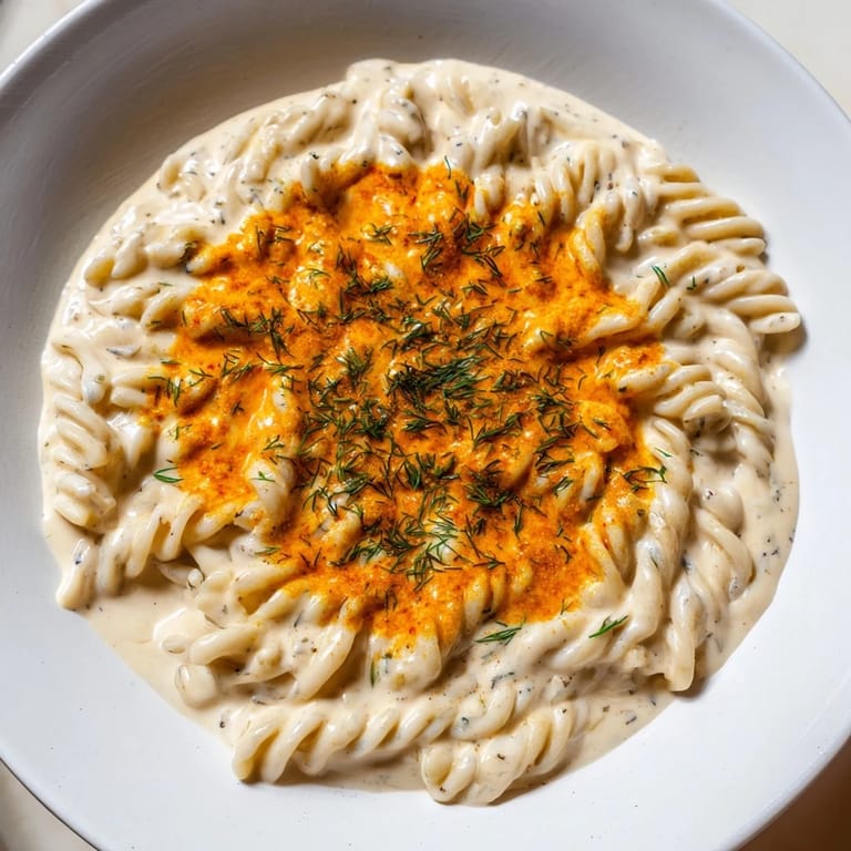 A close-up of Turkish Yogurt Pasta, swirled pasta coated in a tangy yogurt sauce, ready to eat.