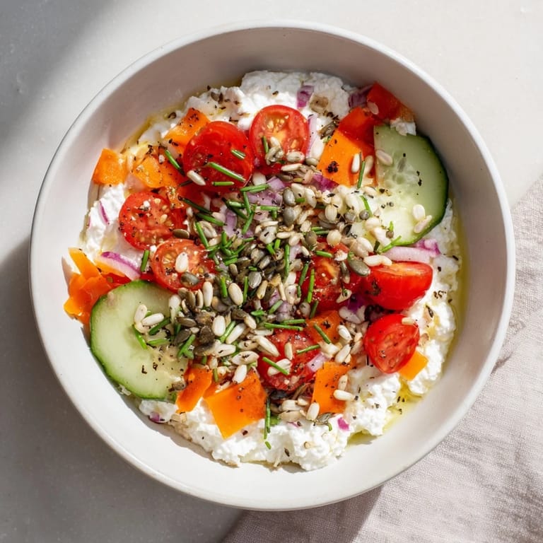 A colorful cottage cheese snack bowl, featuring fresh tomatoes and cucumber, perfect for quick lunches.