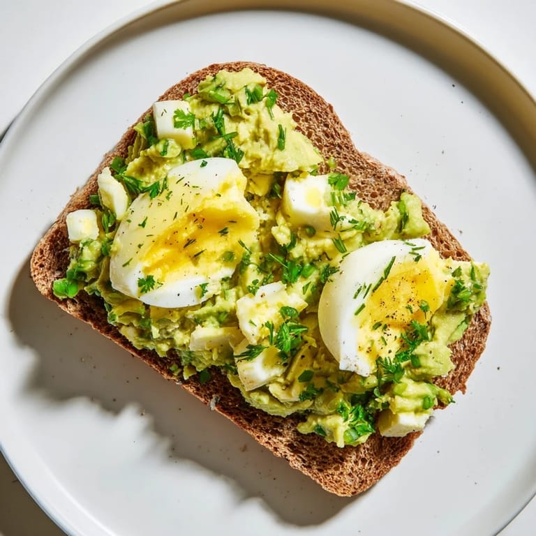 Close-up of fluffy Avocado Egg Smash spread on toast, garnished with fresh chives, ready to eat.