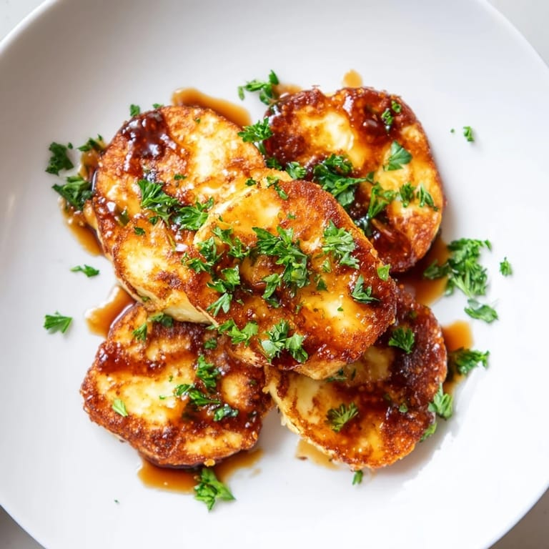 Savory Hot Honey Halloumi appetizer, arranged artfully with fresh parsley and lemon wedges.