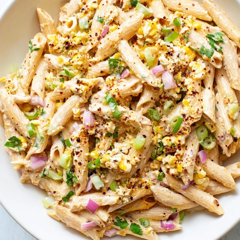 Vibrant Mexican Street Corn Pasta salad featuring colorful peppers and perfectly cooked pasta, ready to eat.