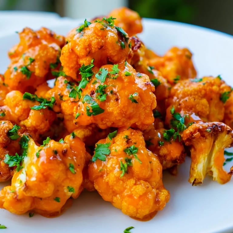 Close-up of crispy, sauce-covered Buffalo Cauliflower Bites, perfect for a spicy appetizer at a party.