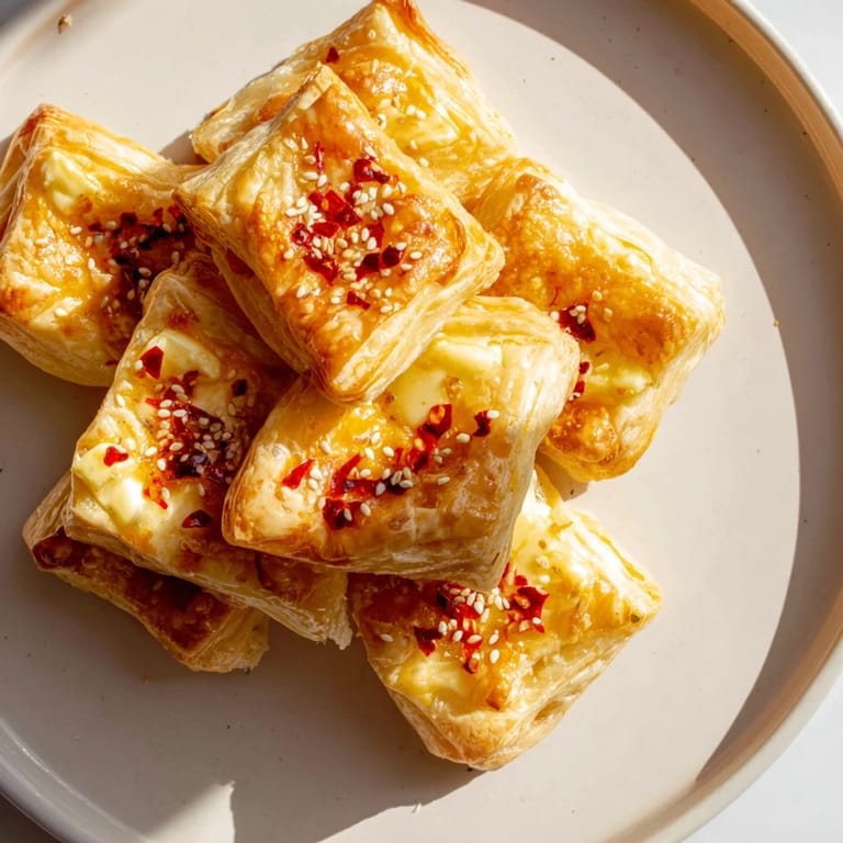 Savory and sweet Chili Crisp Honey Brie Bites on a platter, ready to be enjoyed as a shareable appetizer.