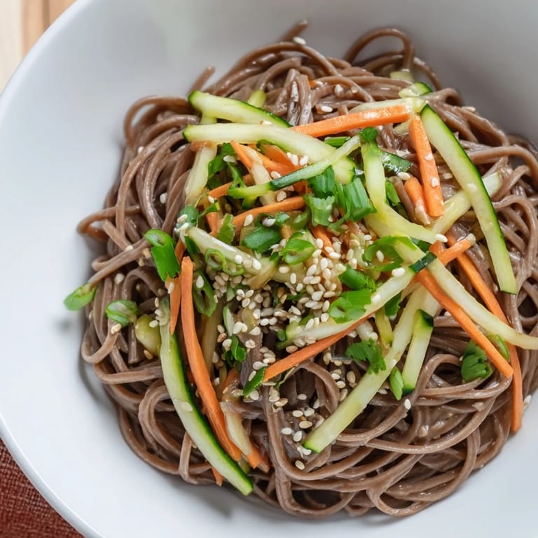 Close-up of perfectly layered Chilled Noodle Lunch Cups, featuring vibrant cucumber ribbons and sesame seeds.