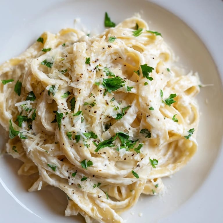 This homemade cottage cheese Alfredo sauce features a sprinkle of fresh parsley, perfect for dinner.