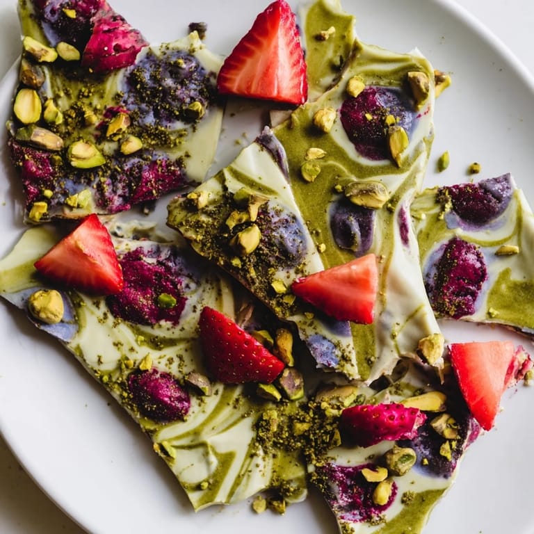 A close-up of colorful frozen yogurt bark, beautifully marbled and sprinkled with fresh berries and nuts.