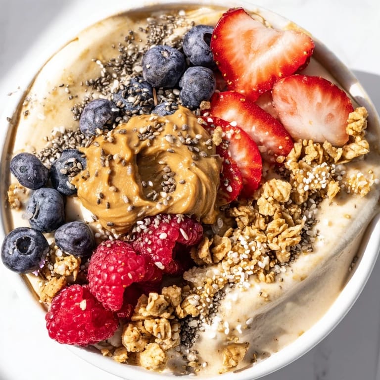 Enjoy a delicious Protein Ice Cream Bowl topped with fresh berries and crunchy granola.