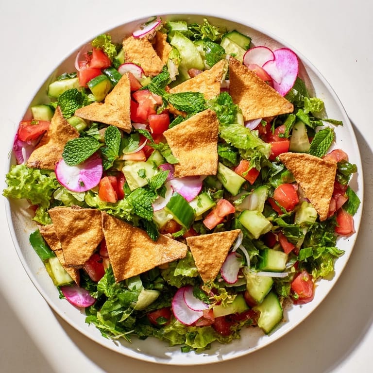 Perfectly plated Lebanese Fattoush Salad, a refreshing vegetarian salad with bright, fresh flavors.
