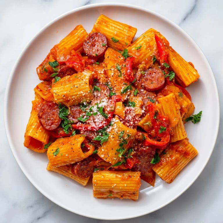 Close-up of savory Spanish chorizo pasta, showcasing the rich colors and textures of the dish.
