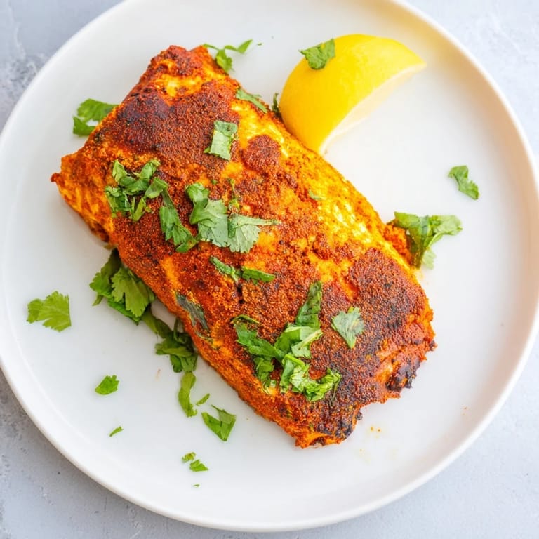 Close-up of golden-brown Indian Tikka Salmon, garnished with fresh cilantro and lemon wedges.