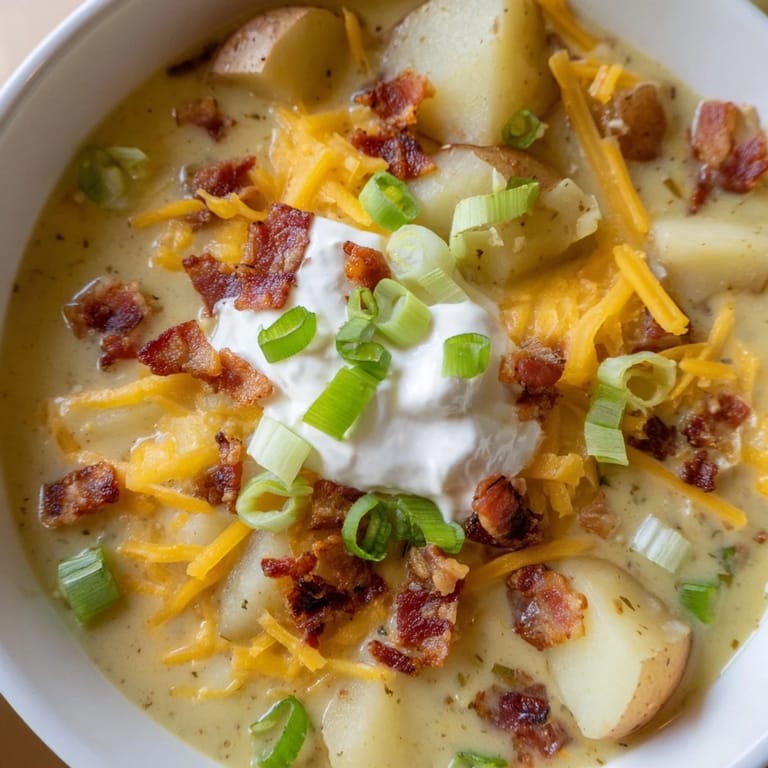 This Loaded Baked Potato Soup is rich, featuring visible potato chunks and vibrant green onions.