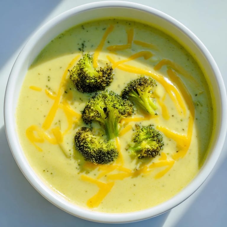 Golden roasted broccoli blended into a smooth and delicious bowl of Creamy Broccoli Cheddar Soup.