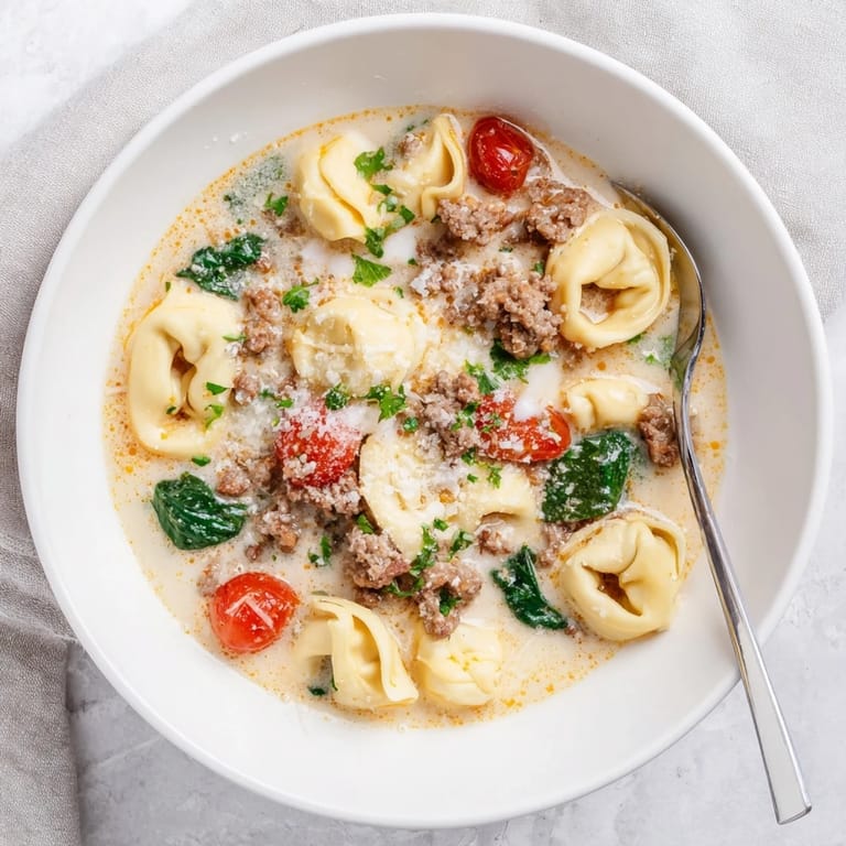Creamy Tortellini Beef Soup: a comforting bowl of Italian-American goodness with tender pasta and rich broth.