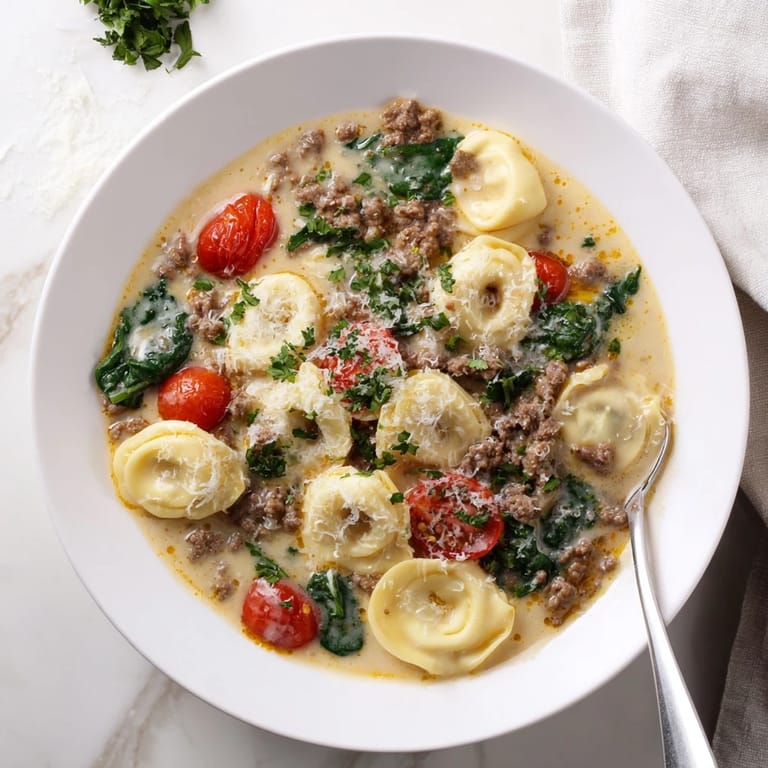 Homemade Tortellini Beef Soup, garnished with Parmesan, offering warm flavors perfect for chilly evenings ahead.