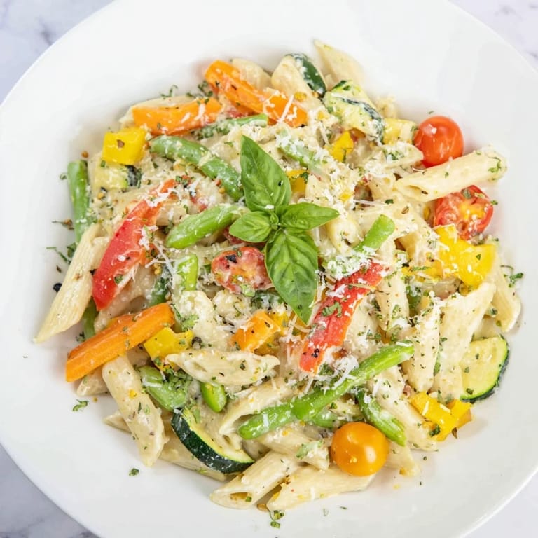 Spoonful of One-Pot Creamy Pasta Primavera with vibrant vegetables and rich, creamy sauce, served hot.