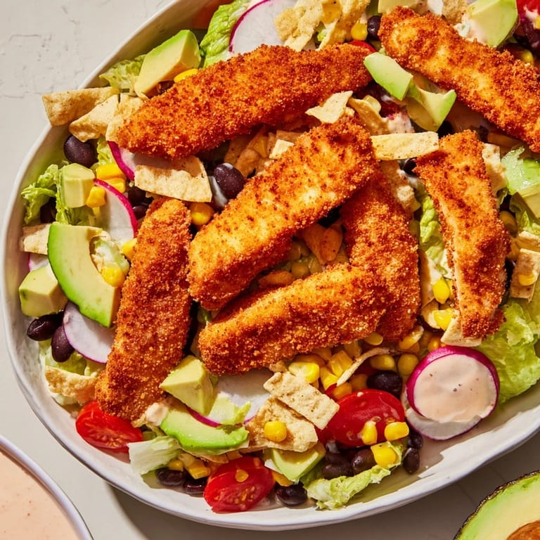 Close-up on golden, pan-fried chicken strips resting atop a Crispy Chicken Taco Salad with cherry tomatoes and shredded cheddar.