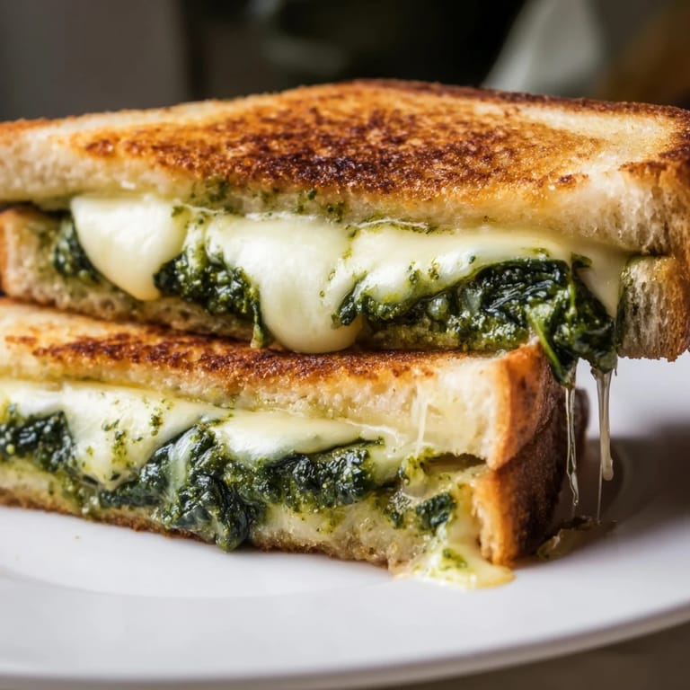 Close-up of a crispy spinach pesto grilled cheese, showcasing layers of garlicky green spread and stretchy cheese.