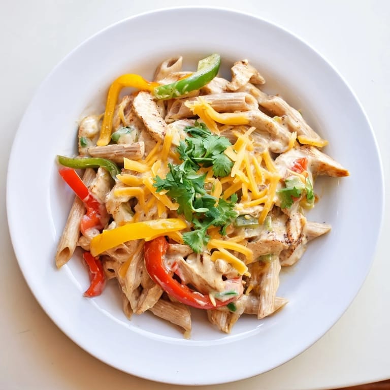 Golden-brown Chicken Fajita Pasta Skillet served in a skillet, featuring penne pasta, peppers, onions, and melty cheddar cheese.