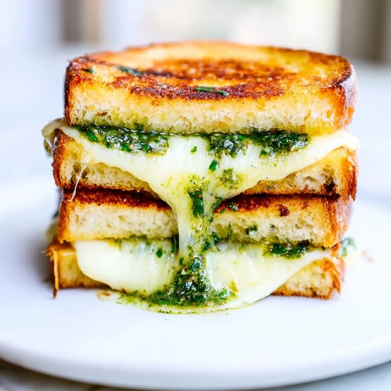 Buttery, toasted sourdough slices hold a trio of melty cheeses and basil pesto in this vegetarian sourdough pesto grilled cheese.