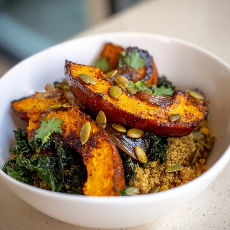 A steaming bowl of Sweet and Spicy Red Kuri Squash Bowl garnished with fresh cilantro and lime wedges on a rustic table.