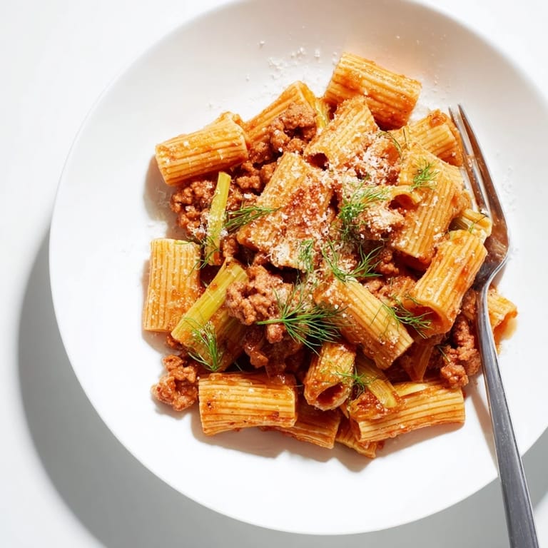 A close-up of Winter Pasta with Sausage and Fennel, featuring golden edges on fennel and savory sausage crumbles.