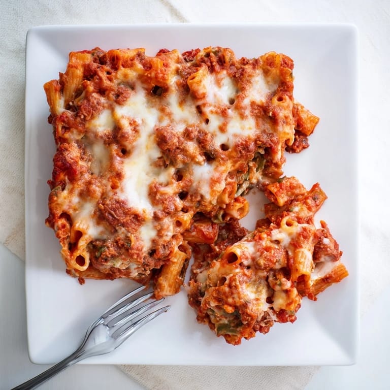 Freshly baked Freezer Make-Ahead Baked Ziti with bubbling tomato sauce, melted cheese, and fresh basil garnish.