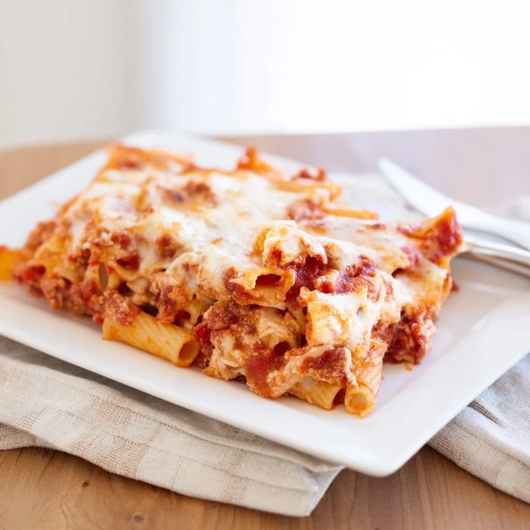 Homemade Freezer Make-Ahead Baked Ziti in a baking dish, topped with mozzarella and served with a green salad.