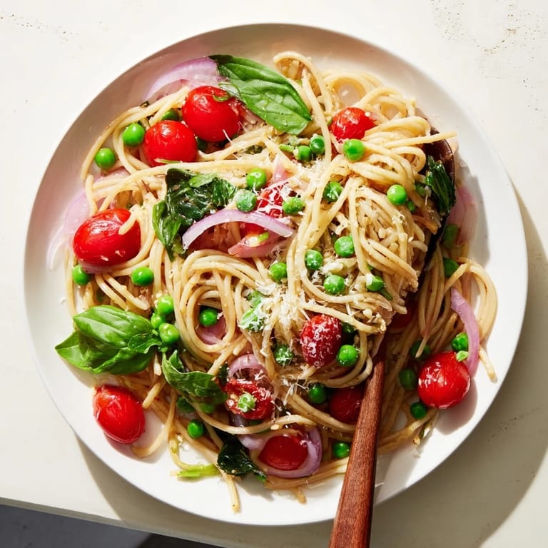 A rustic skillet holds the vibrant Spring Veggie One-Pot Spaghetti, glistening with olive oil, lemon zest, and visible strands of spinach.