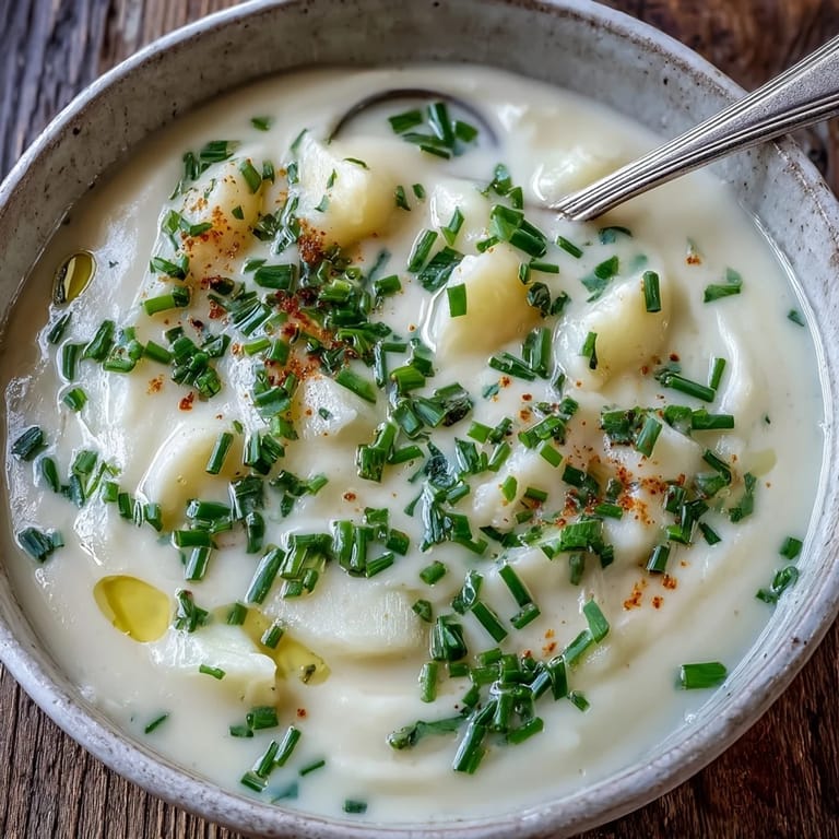 Steaming bowl of Potato Leek Soup garnished with sautéed leeks and thyme, served alongside a crisp glass of white wine.
