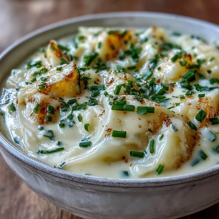 A ladleful of Cream of Potato Soup with velvety texture, poured from a pot into a white ceramic bowl.