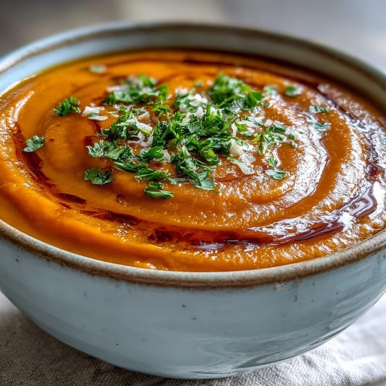 Vibrant orange Carrot Ginger Soup pureed until velvety, with a lemon wedge and fresh ginger on a rustic table.