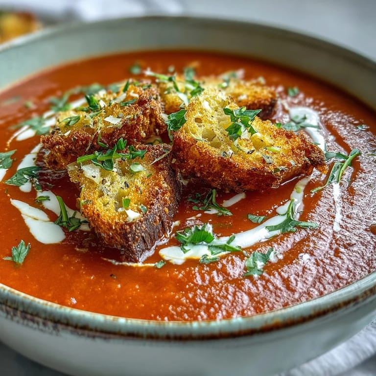 Smooth Roasted Red Pepper Soup with a swirl of cream, served with toasted bread cubes.