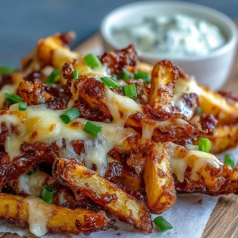 Homemade ranch dip alongside Cheesy BBQ Fries, served hot on a platter for sharing.