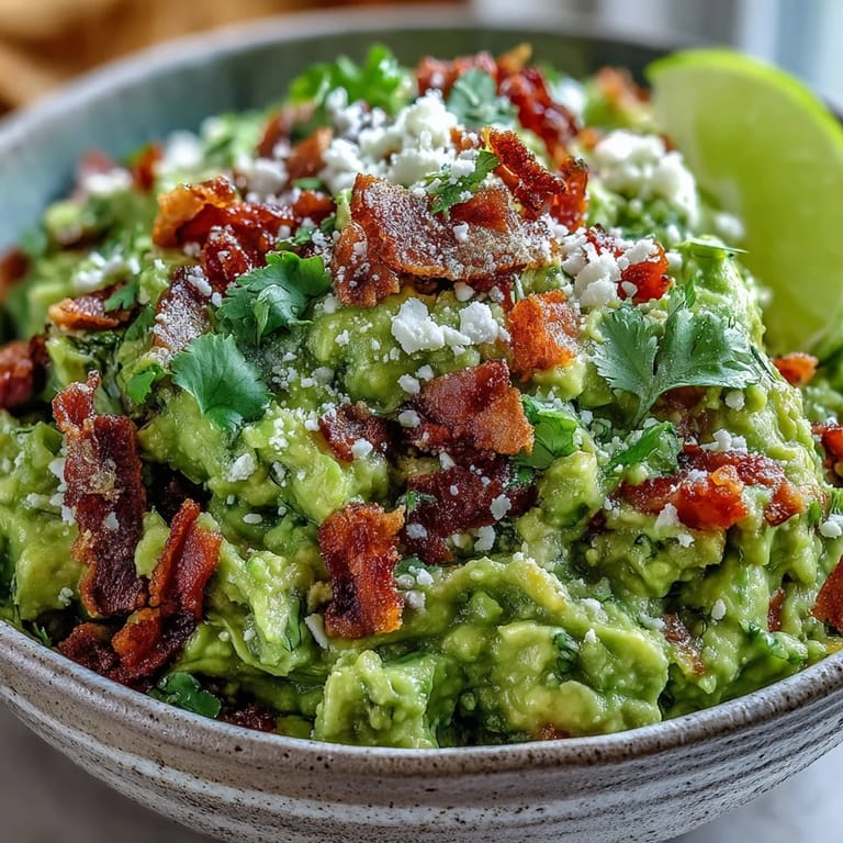 Mashed ripe avocados mixed with red onion and jalapeño, topped with bacon bits and Cotija for a smoky dip.