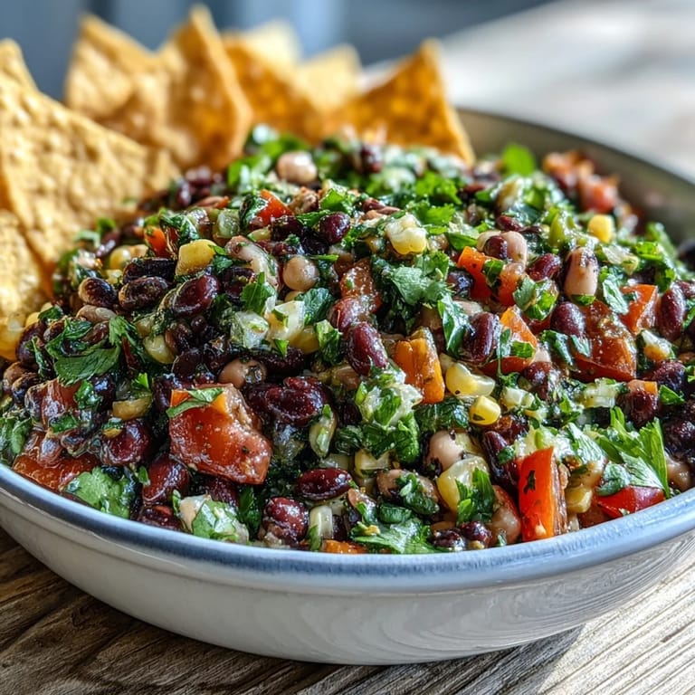Hearty Cowboy Caviar salad in a clear glass bowl, showcasing crisp red onions and bell peppers tossed in a zesty lime dressing.
