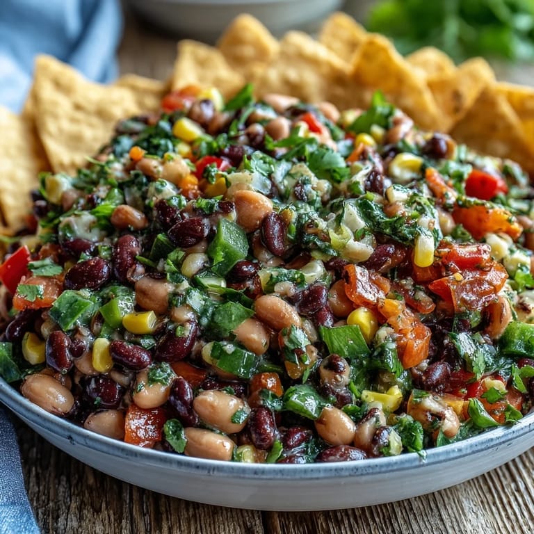 Freshly prepared Cowboy Caviar topped with chopped cilantro, served chilled on a rustic table as a vibrant Tex-Mex side salad.