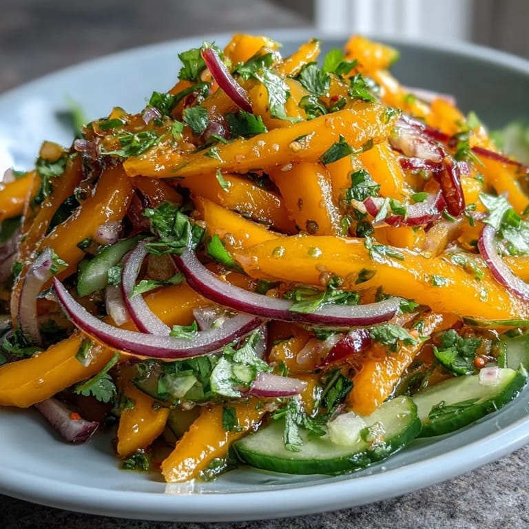 Refreshing Mango Salad with Lime Dressing served as a vibrant, juicy lunch topped with sliced Thai chilies for gentle heat.