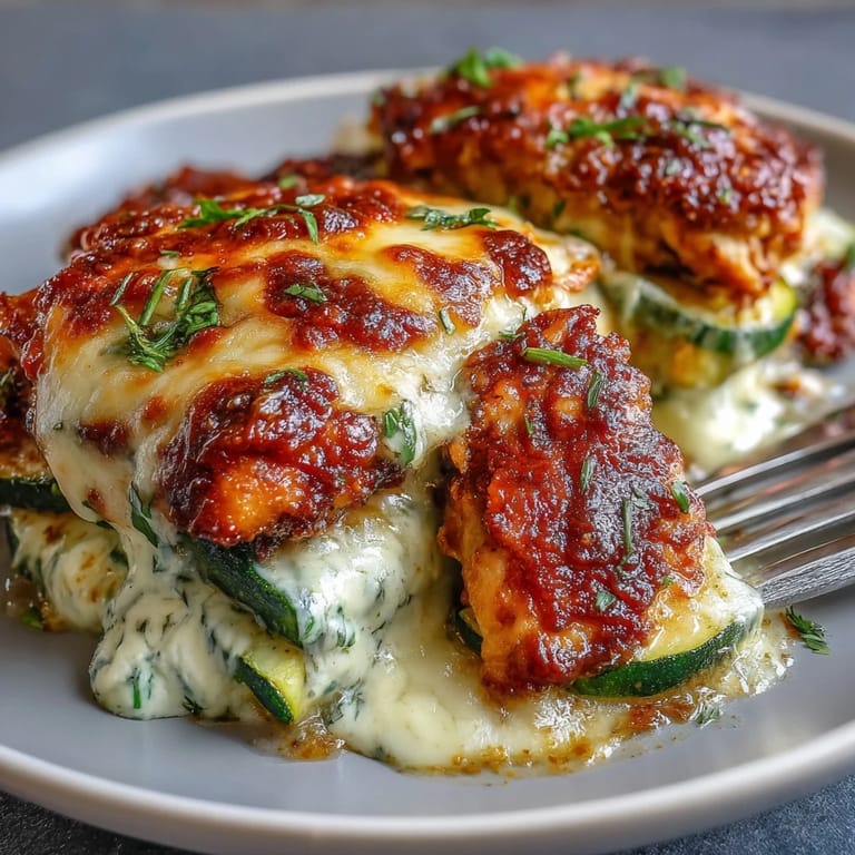 Fresh basil garnish rests on the golden cheesy crust of a High Protein Chicken Zucchini Bake straight from the oven.