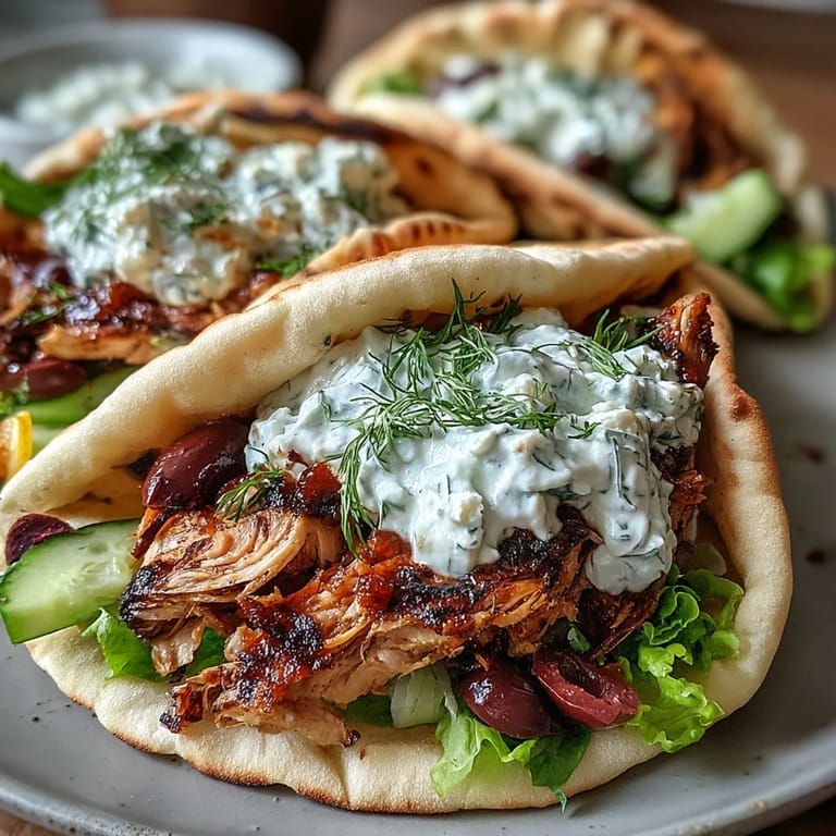 Sizzling Mediterranean Chicken Gyros with creamy feta tzatziki served with fresh lemon wedges, cucumbers, and herbs on a plate.