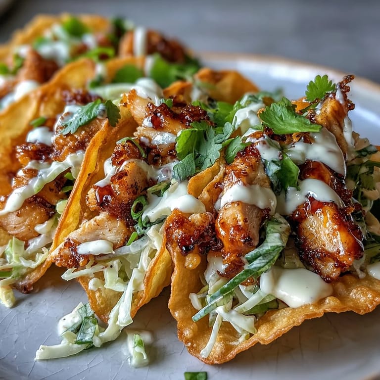 Golden-brown fried wonton shells filled with smoky chicken and crunchy slaw for these Asian fusion tacos.