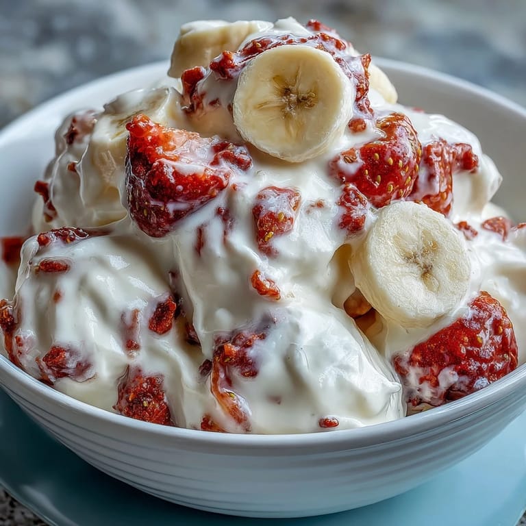 A close-up of Strawberry & Banana Yoghurt Clusters with freeze-dried fruit pressed into creamy swirls.