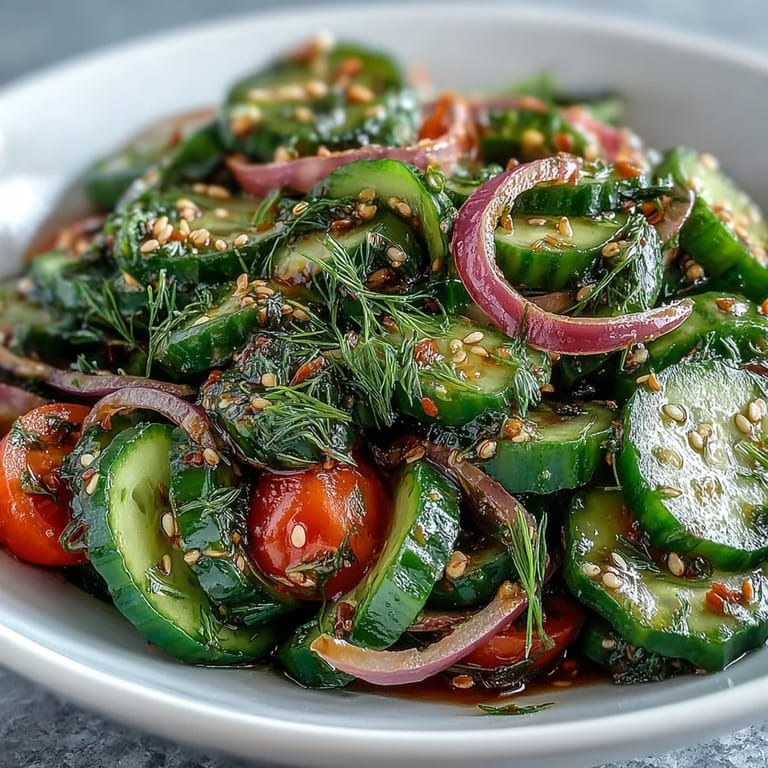 Plate of Refreshing Crunchy Cucumber Salad garnished with dill fronds, sesame seeds, and bright veggies ready for a refreshing bite.